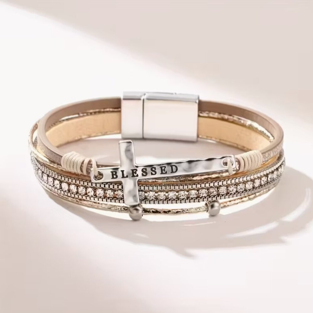 Rhinestone Blessed Cross Bracelet Magnetic Closure Vegan Woman's Gifts Boho NWT